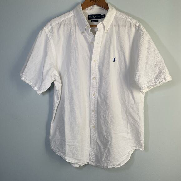 Mens POLO Ralph Lauren Seersucker Fabric White Short Sleeve Button Down Shirt XL - Picture 1 of 7